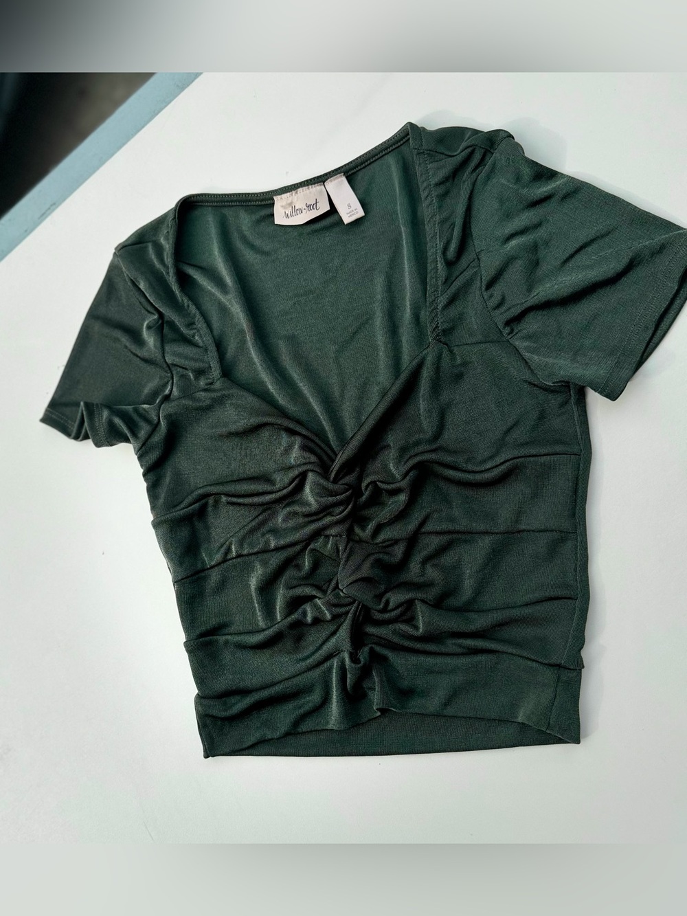 Allison Joy Dark Green Ruched Front Crop Top